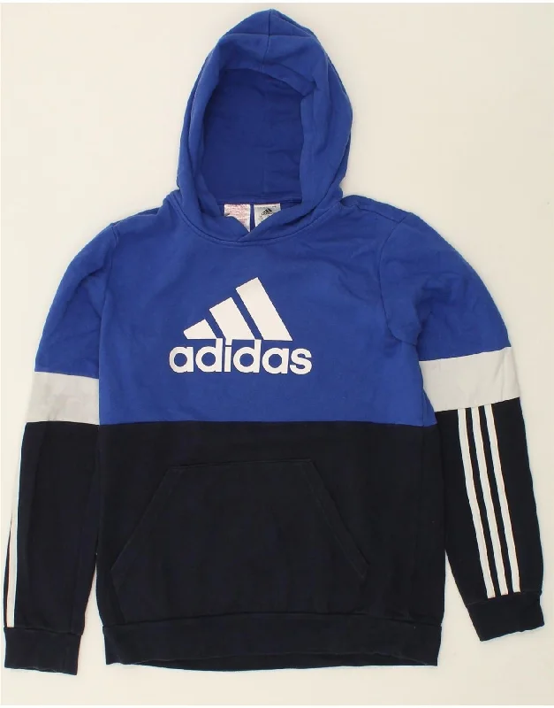 men's hoodie for outdoor workouts -ADIDAS Boys Graphic Hoodie Jumper 15-16 Years Navy Blue Colourblock Cotton