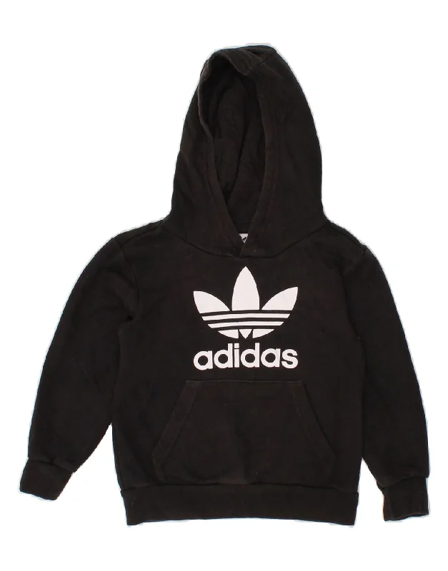 men's hoodie sweatshirt with graphics -ADIDAS Boys Graphic Hoodie Jumper 5-6 Years Black Cotton