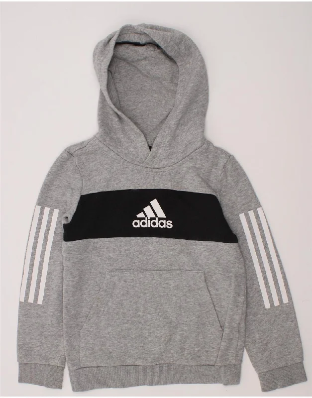 men's workout sweatshirt hoodies -ADIDAS Boys Graphic Hoodie Jumper 7-8 Years Grey Colourblock Cotton