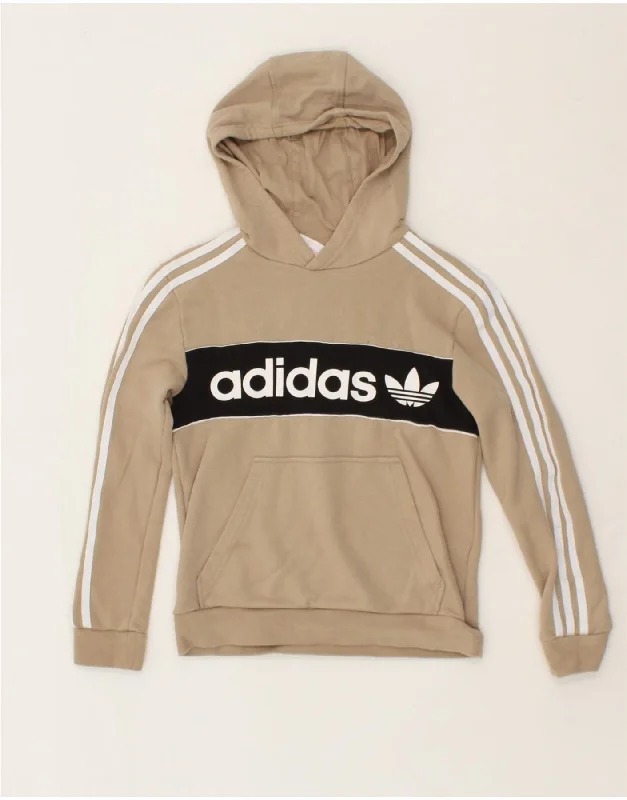 men's hoodie for fall season -ADIDAS Boys Graphic Hoodie Jumper 9-10 Years Beige Colourblock Cotton