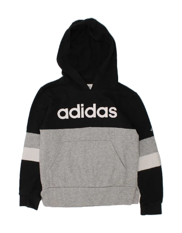 men's zip-up hoodie for hiking -ADIDAS Boys Graphic Hoodie Jumper 9-10 Years Grey Colourblock Cotton