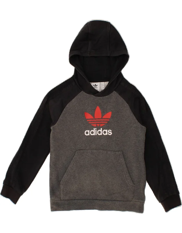 men's hoodie for exercise -ADIDAS Boys Graphic Hoodie Jumper 9-10 Years Grey Colourblock Cotton