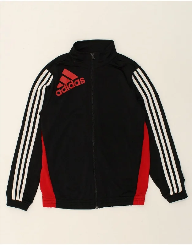 men's zip-up fleece jackets -ADIDAS Boys Graphic Tracksuit Top Jacket 11-12 Years Black Colourblock