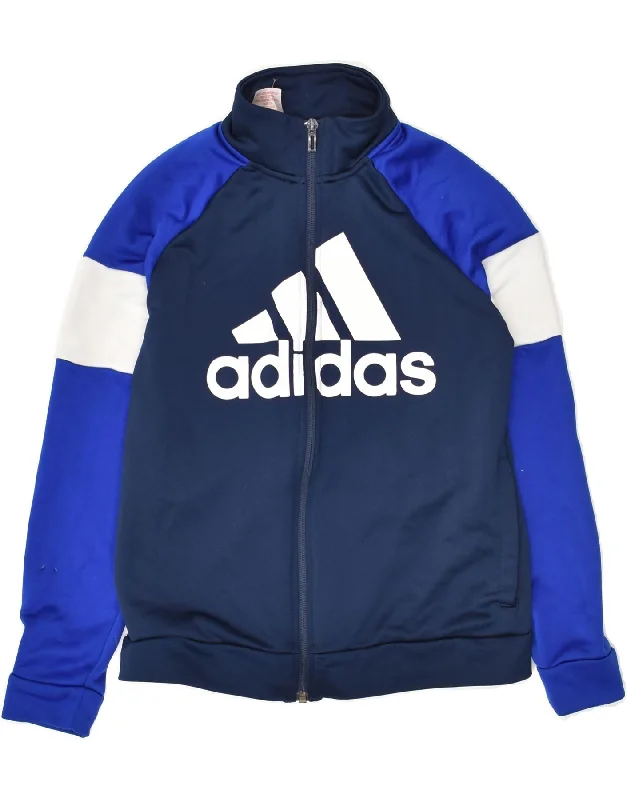 men's jacket with hoodie -ADIDAS Boys Graphic Tracksuit Top Jacket 11-12 Years Navy Blue Colourblock