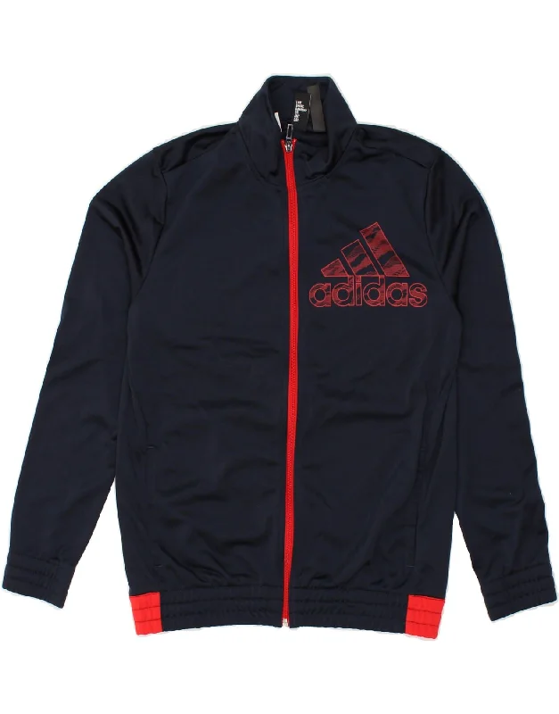 men's leather jacket with lining -ADIDAS Boys Graphic Tracksuit Top Jacket 13-14 Years Navy Blue Polyester