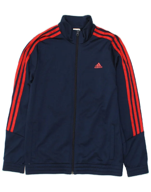 men's leather jackets -ADIDAS Boys Graphic Tracksuit Top Jacket 13-14 Years Navy Blue Polyester