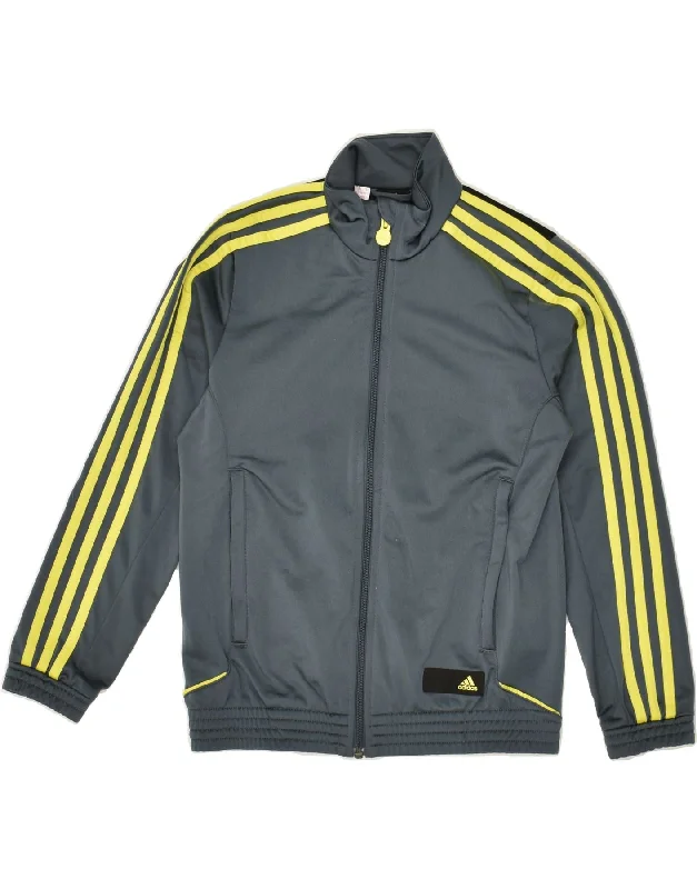 men's rain jackets -ADIDAS Boys Graphic Tracksuit Top Jacket 9-10 Years Grey Colourblock