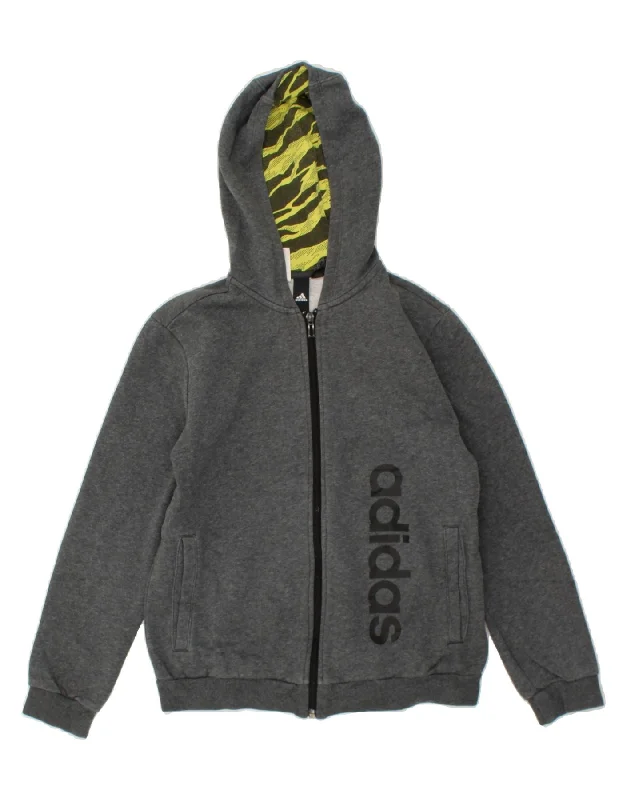 men's high-neck sweaters -ADIDAS Boys Graphic Zip Hoodie Sweater 11-12 Years Grey Cotton