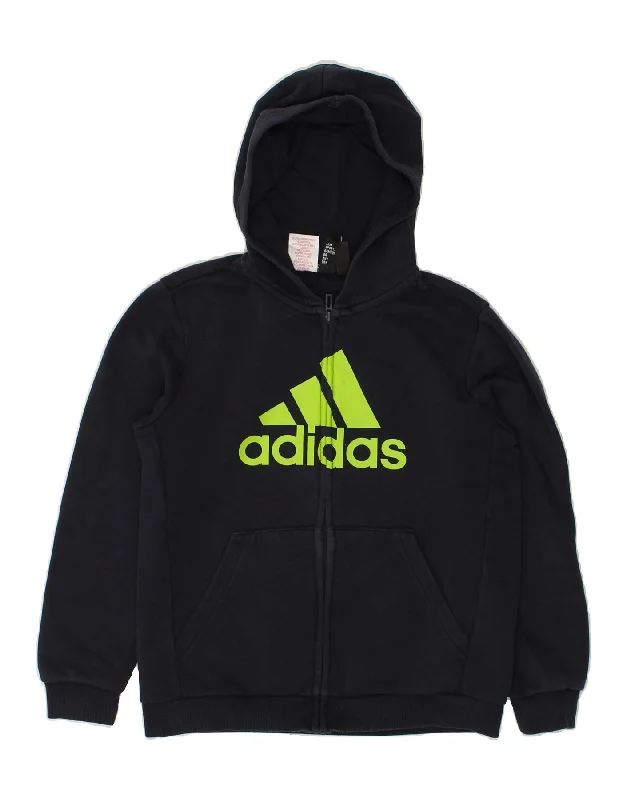 men's ribbed sweaters -ADIDAS Boys Graphic Zip Hoodie Sweater 11-12 Years Navy Blue Cotton