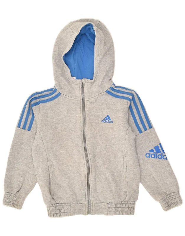 men's knitted sweaters -ADIDAS Boys Graphic Zip Hoodie Sweater 7-8 Years Grey Cotton