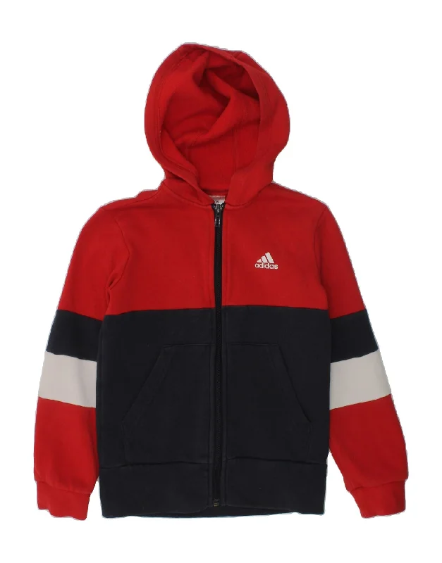 men's performance knit sweaters -ADIDAS Boys Graphic Zip Hoodie Sweater 7-8 Years Red Colourblock Cotton