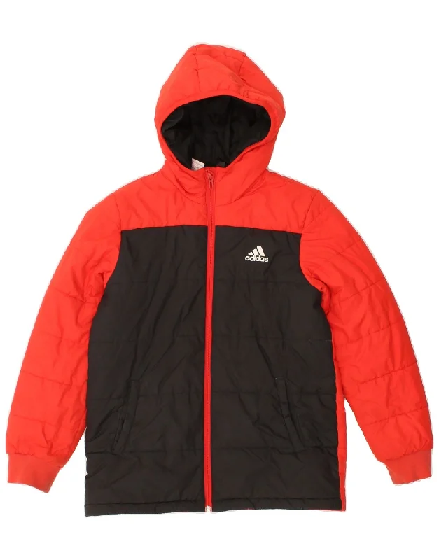 men's zip-up hooded jackets -ADIDAS Boys Hooded Padded Jacket 11-12 Years Red Colourblock Polyester