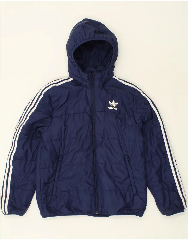 men's parka jackets with fur -ADIDAS Boys Hooded Padded Jacket 13-14 Years Navy Blue Polyester