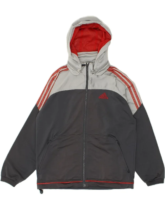 men's rain jackets -ADIDAS Boys Hooded Tracksuit Top Jacket 13-14 Years Grey Colourblock