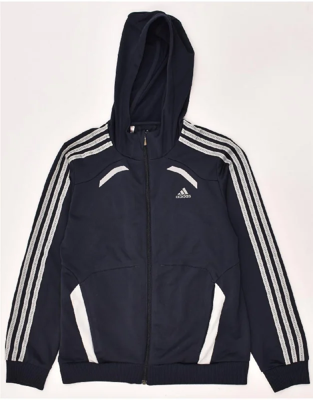 men's stylish sweaters -ADIDAS Boys Zip Hoodie Sweater 13-14 Years Navy Blue Colourblock Polyester