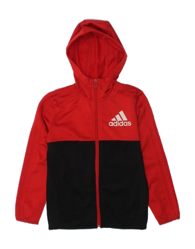 men's knitted pullover sweaters -ADIDAS Boys Zip Hoodie Sweater 7-8 Years Red Colourblock Polyester