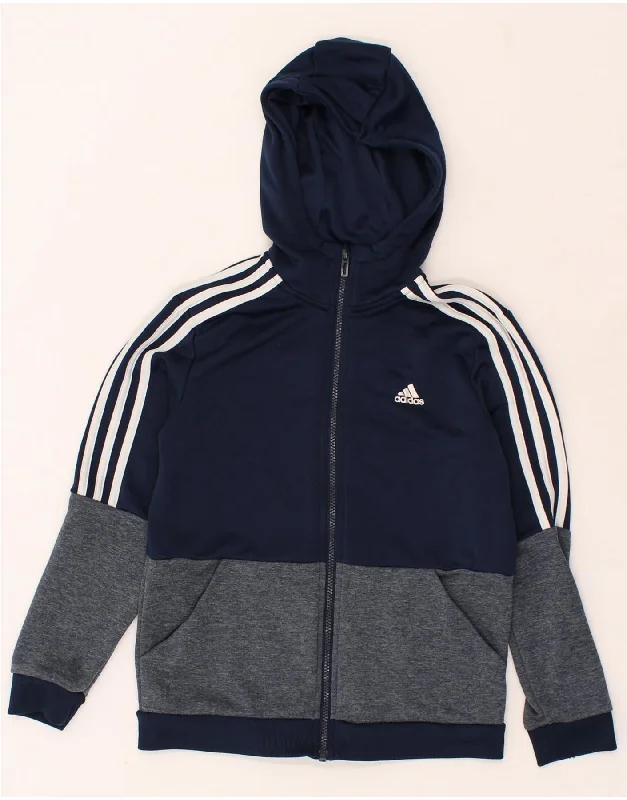 men's casual knit sweaters -ADIDAS Boys Zip Hoodie Sweater 8-9 Years Navy Blue Colourblock