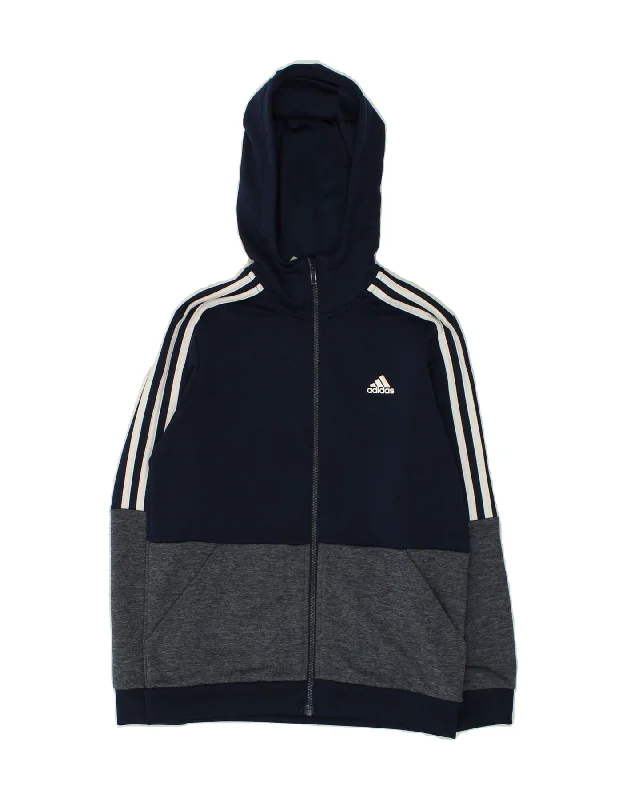 men's everyday knit sweaters -ADIDAS Boys Zip Hoodie Sweater 8-9 Years Navy Blue Colourblock