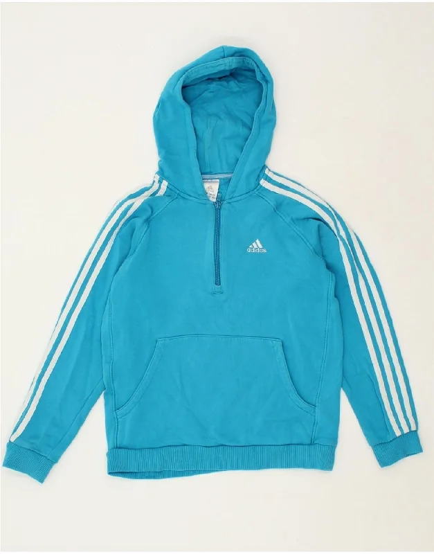 men's pullover hoodie with pockets -ADIDAS Boys Zip Neck Hoodie Jumper 11-12 Years Blue Cotton