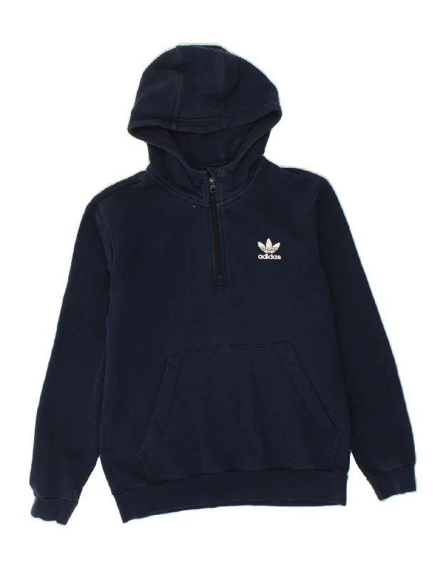 men's cotton blend hoodies -ADIDAS Boys Zip Neck Hoodie Jumper 13-14 Years Navy Blue Cotton