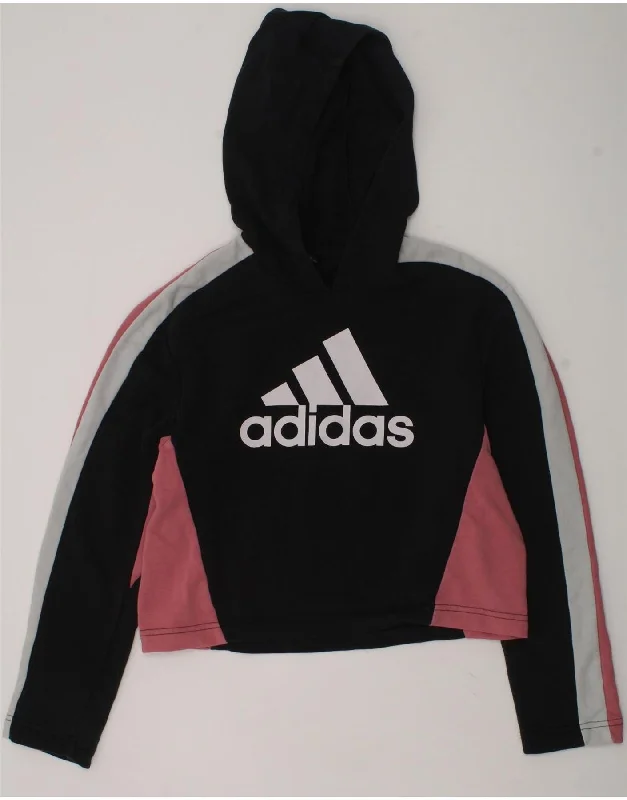 men's printed fleece sweatshirts -ADIDAS Girls Crop Graphic Hoodie Jumper 11-12 Years Black Colourblock