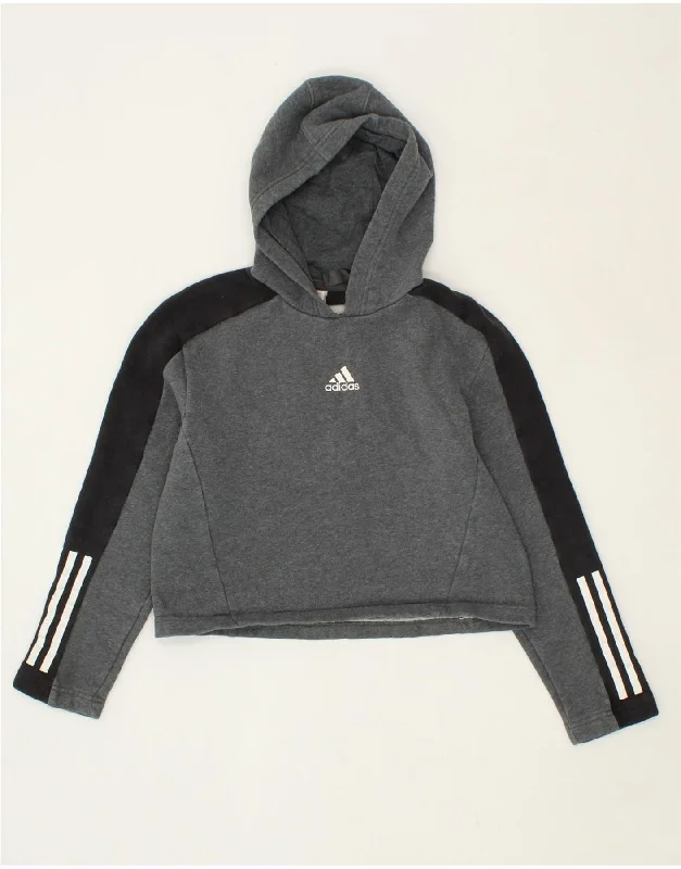 men's trendy zip-up sweatshirts -ADIDAS Girls Crop Hoodie Jumper 11-12 Years Grey Colourblock Cotton