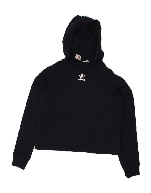 men's comfortable pullover sweatshirts -ADIDAS Girls Graphic Crop Hoodie Jumper 14-15 Years Navy Blue Polyester