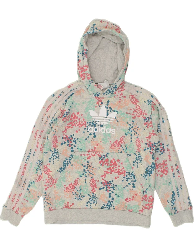 men's trendy zip-up sweatshirts -ADIDAS Girls Graphic Hoodie Jumper 11-12 Years Grey Floral Cotton