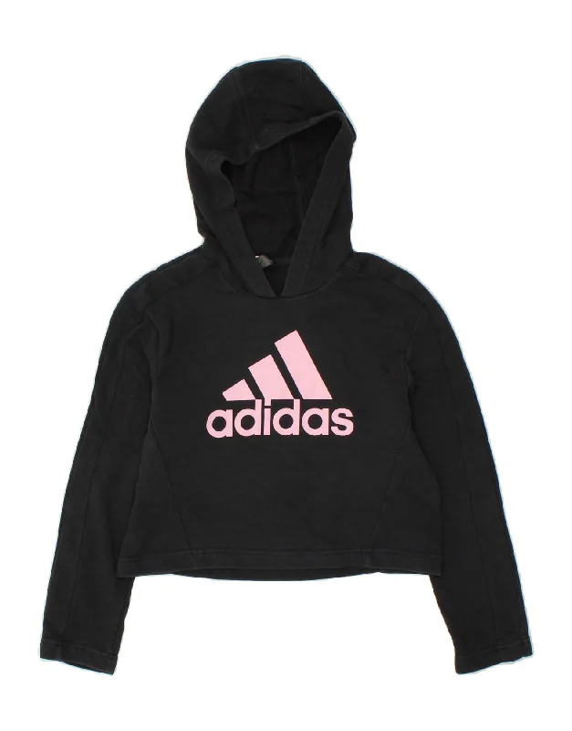 men's heavy-duty hoodies -ADIDAS Girls Graphic Hoodie Jumper 9-10 Years Black Cotton