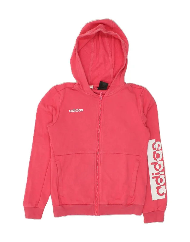 men's breathable sweaters -ADIDAS Girls Graphic Zip Hoodie Sweater 11-12 Years Pink Cotton