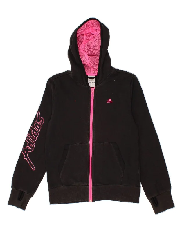 men's short-sleeve sweaters -ADIDAS Girls Graphic Zip Hoodie Sweater 13-14 Years Black Cotton