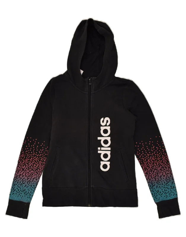 men's v-neck sweaters -ADIDAS Girls Graphic Zip Hoodie Sweater 13-14 Years Black Spotted Cotton