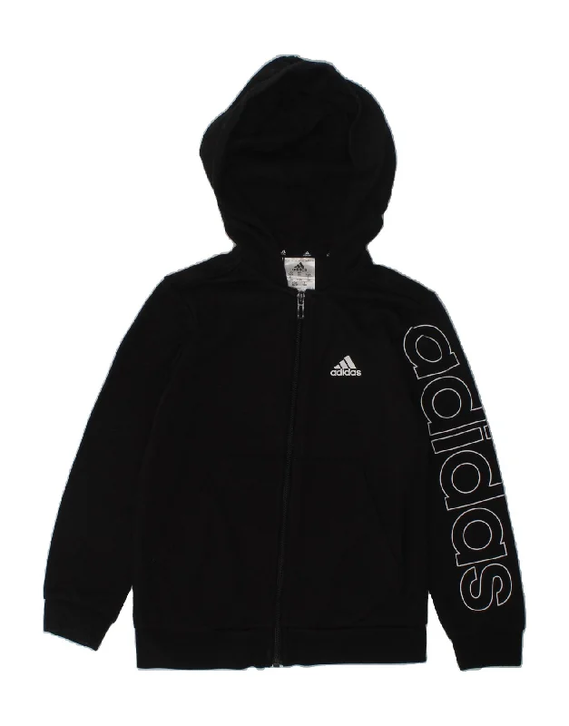 men's short-sleeve sweaters -ADIDAS Girls Graphic Zip Hoodie Sweater 7-8 Years Black Cotton