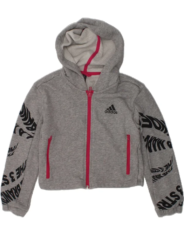 men's wool sweaters -ADIDAS Girls Graphic Zip Hoodie Sweater 7-8 Years Grey Cotton