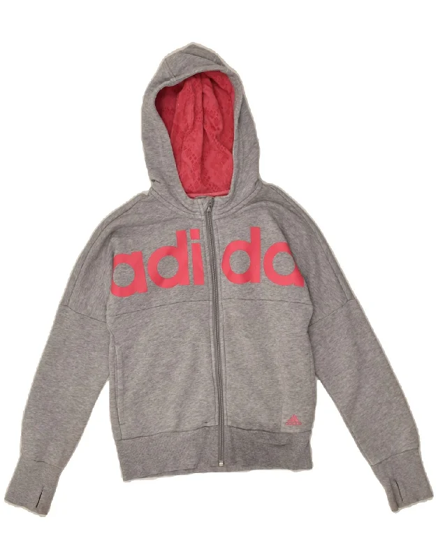 men's striped sweaters -ADIDAS Girls Graphic Zip Hoodie Sweater 9-10 Years Grey Cotton