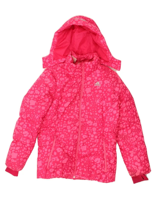 men's jacket with hoodie -ADIDAS Girls Hooded Padded Jacket 11-12 Years Pink Spotted Polyester