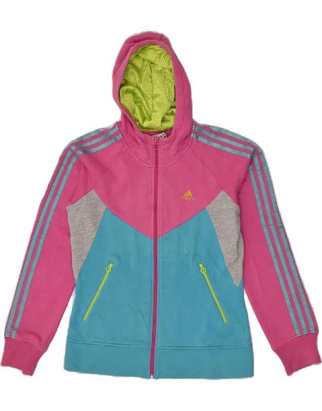 men's casual v-neck sweaters -ADIDAS Girls Zip Hoodie Sweater 15-16 Years Pink Colourblock Cotton