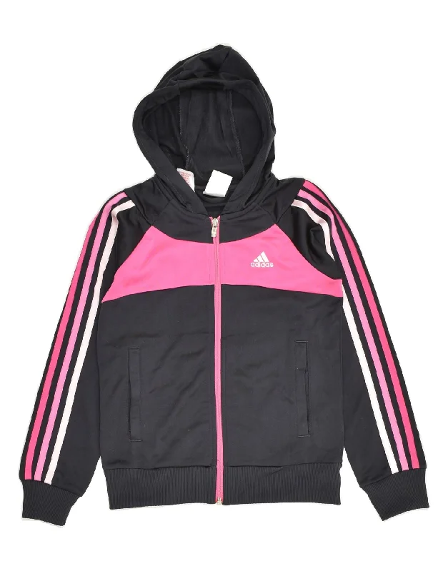 men's festive sweaters -ADIDAS Girls Zip Hoodie Sweater 9-10 Years Black Colourblock Polyester