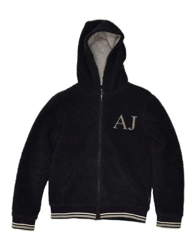 men's fashionable winter jackets -ARMANI JUNIOR Boys Hooded Graphic Fleece Jacket 13-14 Years Navy Blue