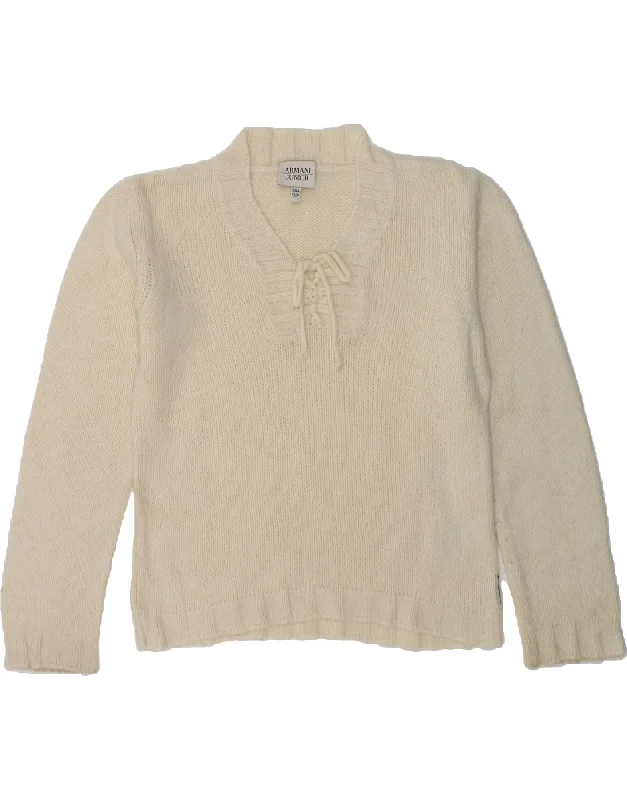 men's casual knit sweaters -ARMANI JUNIOR Girls V-Neck Jumper Sweater 7-8 Years Off White Cotton