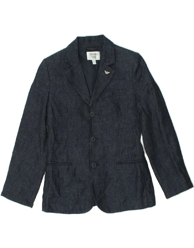 men's windproof jackets -ARMANI TEEN Boys 3 Button Blazer Jacket 11-12 Years Navy Blue Linen