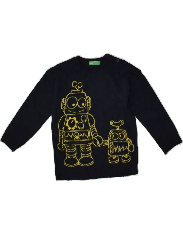 men's short-sleeve sweaters -BENETTON Baby Boys Graphic Crew Neck Jumper Sweater 18-24 Months Navy Blue