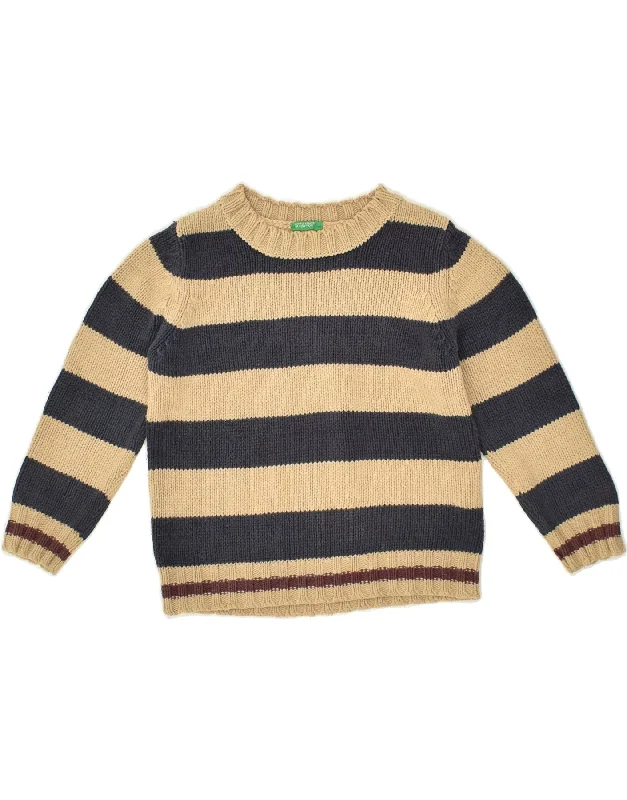 men's warm knit sweaters -BENETTON Boys Boat Neck Jumper Sweater 4-5 Years XS  Brown Striped Cotton