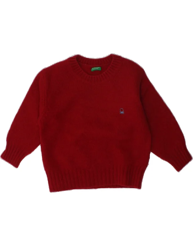 men's everyday knit sweaters -BENETTON Boys Crew Neck Jumper Sweater 2-3 Years 2XS Red Virgin Wool