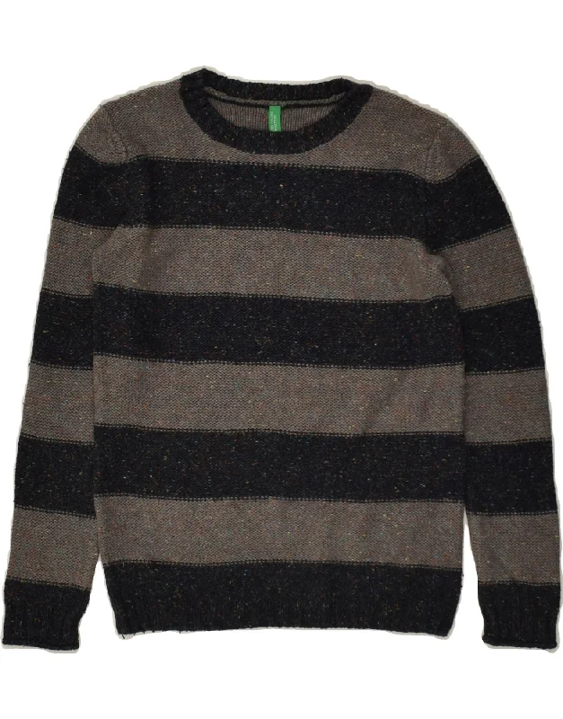 men's designer sweaters -BENETTON Boys Crew Neck Jumper Sweater 5-6 Years Grey Striped