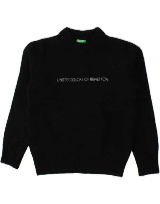 men's comfortable sweaters -BENETTON Boys Graphic Crew Neck Jumper Sweater 13-14 Years Black