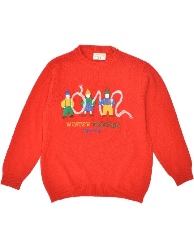 men's wool sweaters -BENETTON Boys Graphic Crew Neck Jumper Sweater 13-14 Years Red