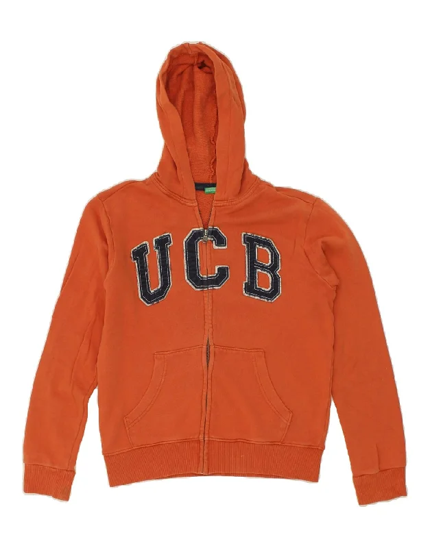 men's warm knitwear sweaters -BENETTON Boys Graphic Zip Hoodie Sweater 10-11 Years XL  Orange Cotton