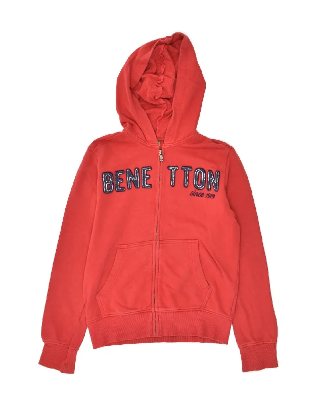 men's thick knit pullovers -BENETTON Boys Graphic Zip Hoodie Sweater 10-11 Years XL  Red Cotton