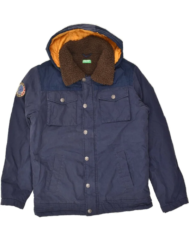 men's workwear jackets -BENETTON Boys Hooded Utility Jacket 11-12 Years 2XL Blue Cotton